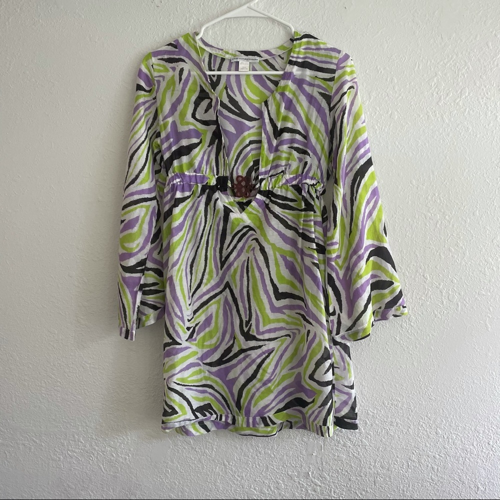 Diane Von Furstenberg🍏 Lime Green Purple Black Tunic Dress Front Embellishment